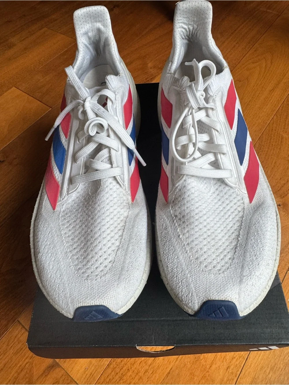 Men's Adidas Ultraboost White Sneakers with Pink & Blue Accents- size 9.5